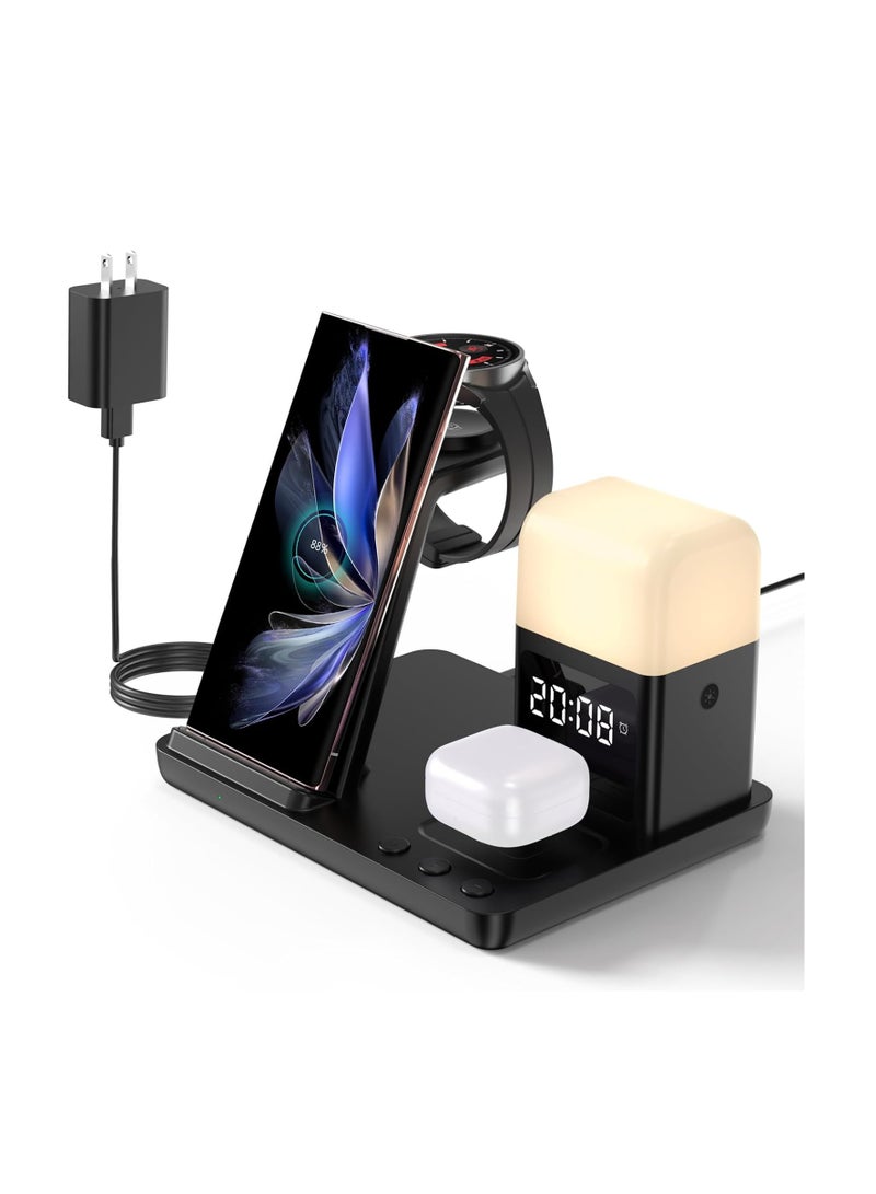 Wireless Charging Station for Samsung: 5 in 1 Wireless Charger Stand with Alarm Clock, 3 Night Lights, Charging Dock for Samsung S23 Ultra/Galaxy S22/Z Flip 5/Buds, Galaxy Watch 6/5 Pro/4/3 - Image 1