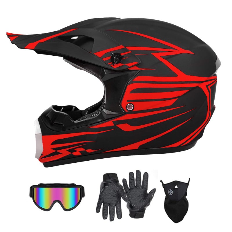 SanQing Youth Kids Motocross Helmet Full Face Motorcycle Helmet for Dirt Bike ATV Four Wheeler MX Offroad Street Helmet with GlovesGogglesFace Shield DOT Approved Red Small