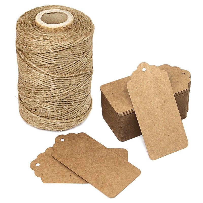 300 Feet Natural Jute Twine and 100PCS Brown Rectangle Kraft Paper Gift Tags for Crafts Price Tags Labels by Blisstime