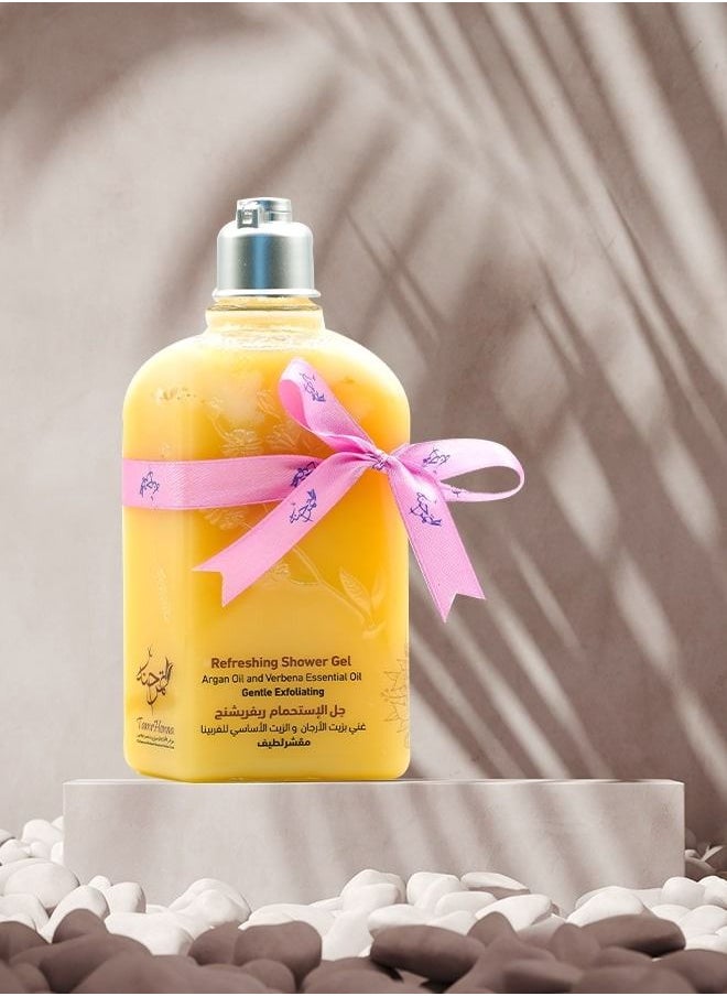 TamrHenna - Refreshing Shower Gel Argan Oil and Verbena Essential Oil Gentle Exfoliating Cleansing Moisturizing Mood Lifting Calming Natural Soap SLS Free Sulfate Free Paraben Free Remove Dead Skin Cells 250 ml - Image 1