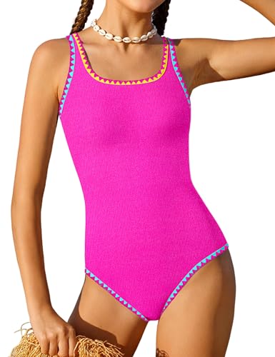 Qaoerde Girls Swimsuits Size 10-12 Solid Color One Piece Swimsuit Colorful Contrast Trim Bathing Suit Adjustable Straps Girls' Swimwear Hot Pink 11-12Y - Image 1