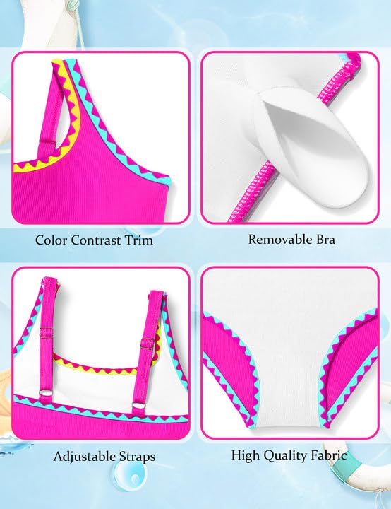 Qaoerde Girls Swimsuits Size 10-12 Solid Color One Piece Swimsuit Colorful Contrast Trim Bathing Suit Adjustable Straps Girls' Swimwear Hot Pink 11-12Y - Image 4