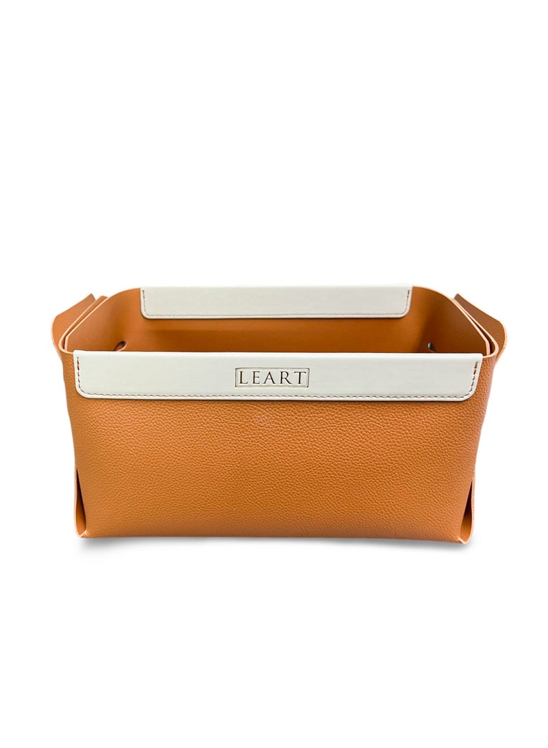 LeArt Leather Rectangle Storage Basket – Bedside, Nightstand, Office Desk Organizer | Pantry Storage Organizer | Stationery Organizer | Collapsible Storage Bin for Home (Caramel) - Image 1