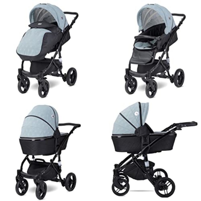 Baby stroller for newborn to 3 years, aluminum frame, blue, foldable travel system with reclining position, large rubber tires, footcover and mama bag - Image 4