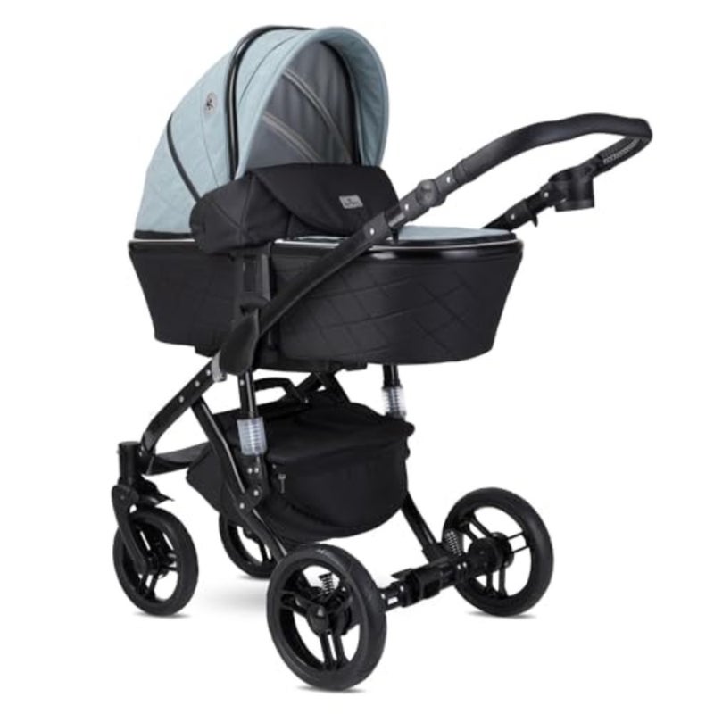 Baby stroller for newborn to 3 years, aluminum frame, blue, foldable travel system with reclining position, large rubber tires, footcover and mama bag - Image 1