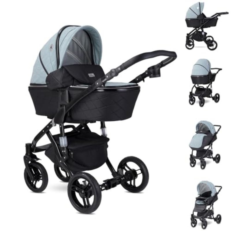 Baby stroller for newborn to 3 years, aluminum frame, blue, foldable travel system with reclining position, large rubber tires, footcover and mama bag - Image 2
