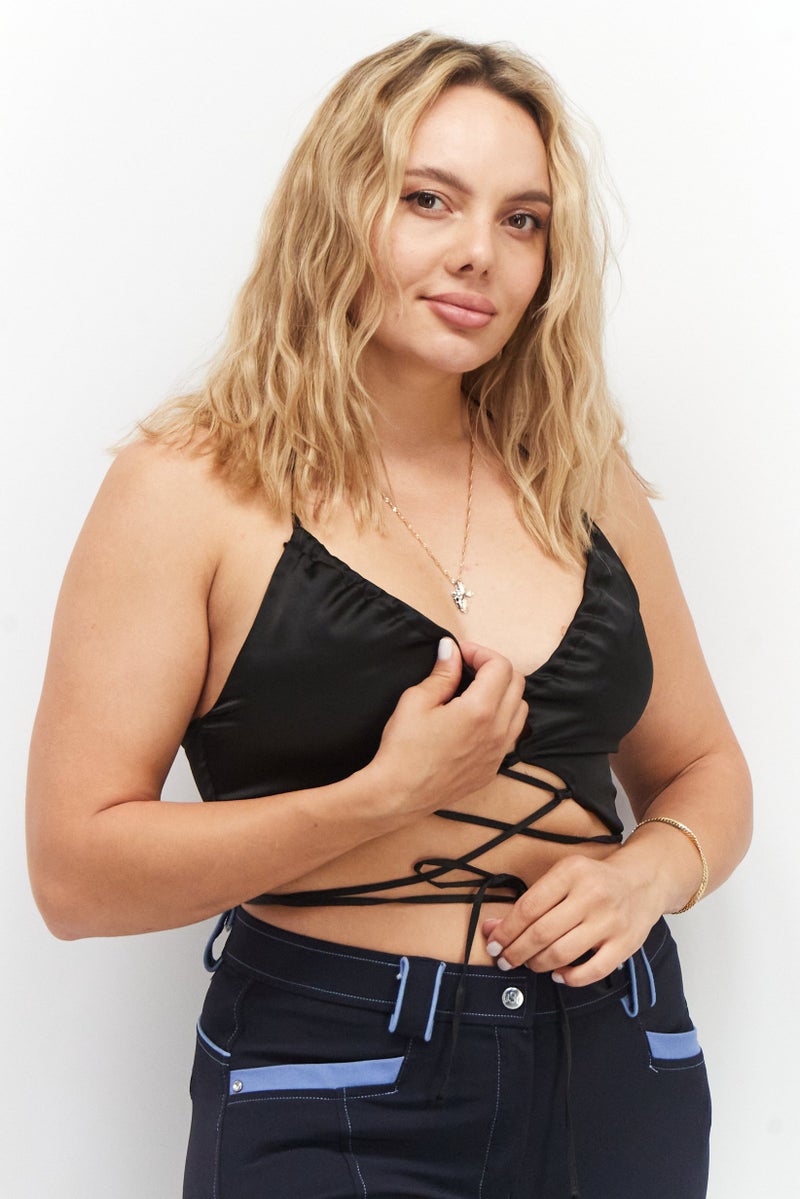 Asos Design Women Tie Neckline Sleeveless Satin Strappy Tops, Black - Image 1