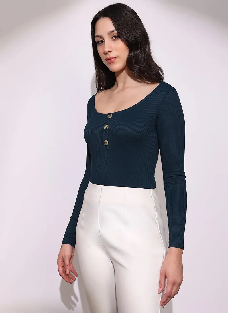 globus Globus Women Green Scoop Neck Long Sleeves Button Detail Ribbed Top