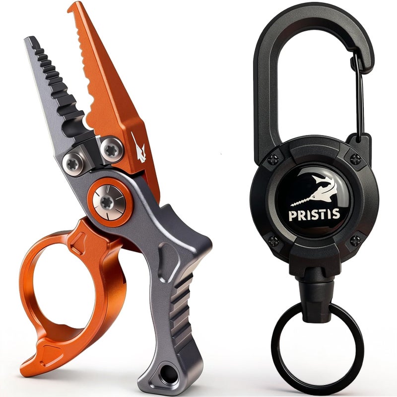 Pristis Micro Pocket Pliers with Zinger Retractor, Small Saltwater Resistant Aluminum Hook Remover with Tungsten Braided Line Cutter, O Ring Split Gear, Bass Fish Multi Tool Kit Fly Fishing Accessory - Image 1