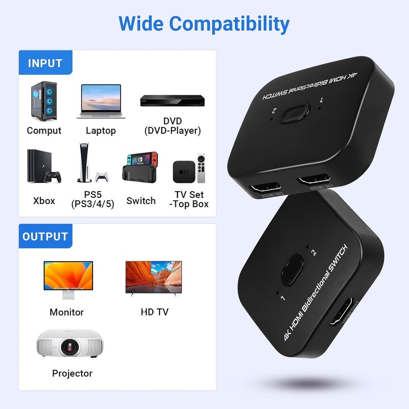محول HDMI 2.0 بدقة 4K، محول HDMI ثنائي الاتجاه 2 مدخل و 1 مخرج، يدعم 4K@60Hz و 2K@120Hz لأجهزة PS5 وHDTV وXbox وFire Stick (4K60Hz) - Image 5