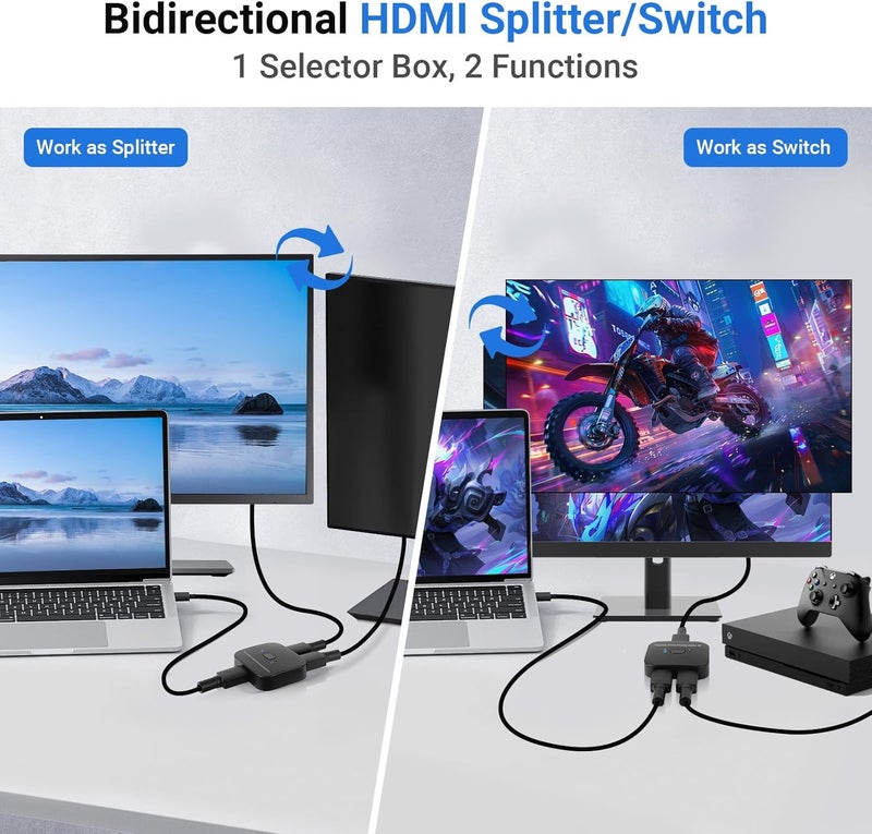 محول HDMI 2.0 بدقة 4K، محول HDMI ثنائي الاتجاه 2 مدخل و 1 مخرج، يدعم 4K@60Hz و 2K@120Hz لأجهزة PS5 وHDTV وXbox وFire Stick (4K60Hz) - Image 2