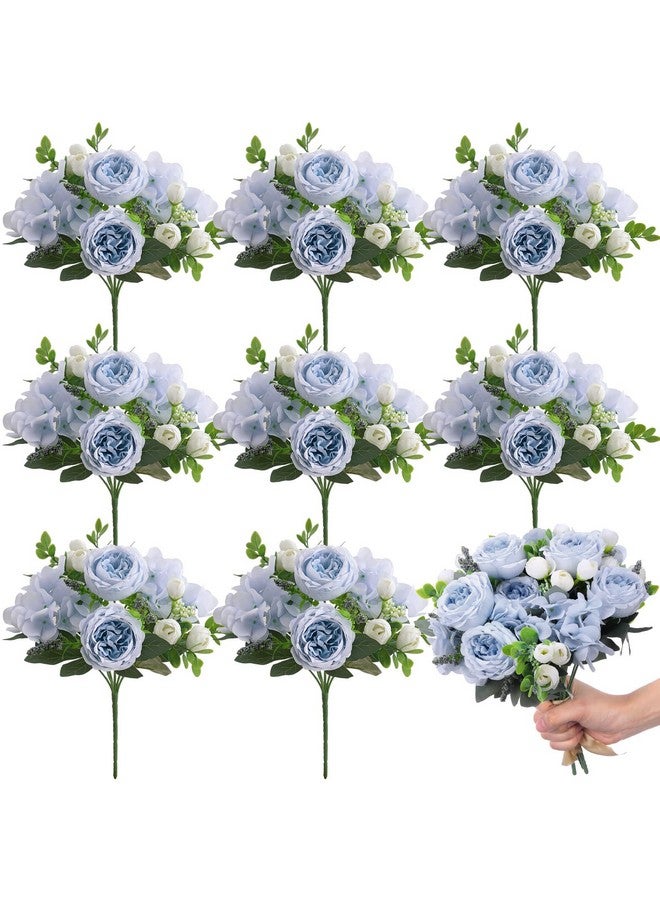 Yunsailing 8 Packs Artificial Peony Flowers Faux Silk Hydrangea Bouquet Vintage Wedding Home Table for Door Decor Reusable Bouquet of Rose Flowers for Valentine Wedding Birthday Party(Blue White) - Image 1