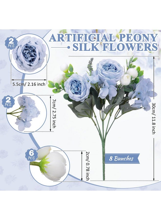 Yunsailing 8 Packs Artificial Peony Flowers Faux Silk Hydrangea Bouquet Vintage Wedding Home Table for Door Decor Reusable Bouquet of Rose Flowers for Valentine Wedding Birthday Party(Blue White) - Image 2