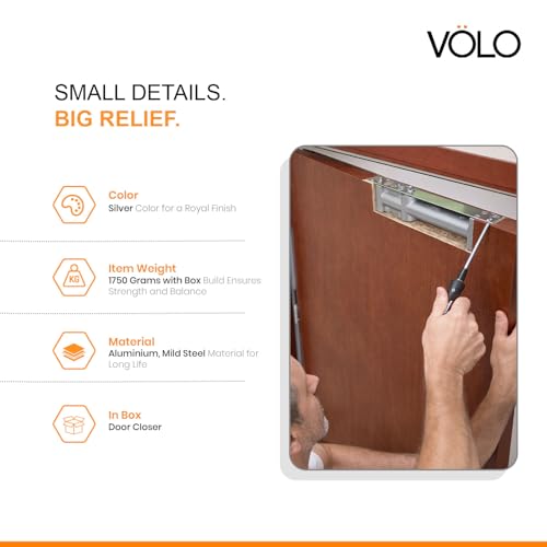 Volo Automatic Hydraulic Double Speed Aluminium Concealed Pelmet Arm Door Closer Premium Heavy Duty for Residential/ Commercial Purpose with Fitting Set (Silver). Weight Capacity: 30kg- 80kg - Image 2