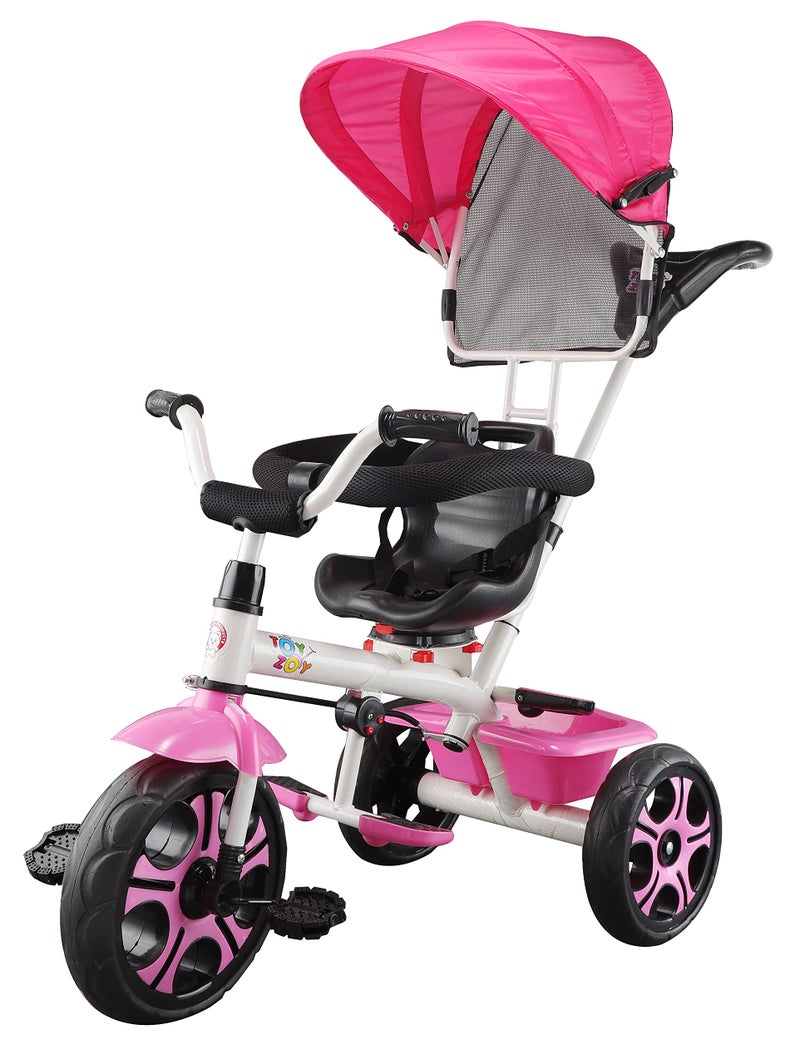 JoyRide 4 in 1 Convertible Baby Tricycle Toddler Stroller Pedal Tricycle w/Reversible Seat Adjustable Removable Handle Canopy Handrail Belt Storage Footrest for 1-5 Years Old (Pink) - Image 4