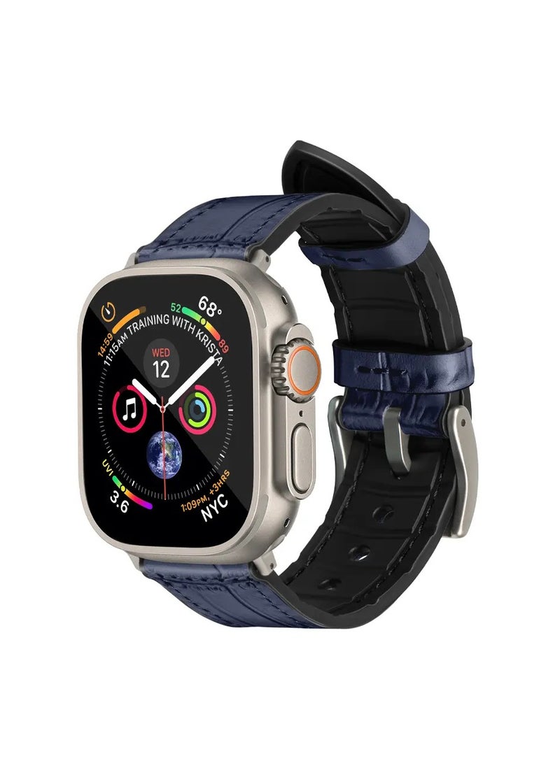 A-Case its My Case Javan Series Genuine Leather Band Compatible with Apple watch Series Ultra 1/2 ,7,6,5,4,3, SE Sizes 42/44/45/49MM Titanium - Blue - Image 1