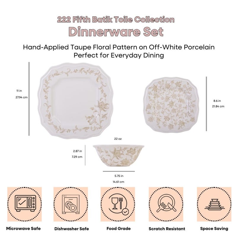 222 Fifth 12-Piece Porcelain Dinnerware Set for 4, Glossy Cream Plates and Bowls Set with Taupe Flowers, Elegant Square Ceramic Dish Set, Kitchen Tableware, Microwave & Dishwasher Safe, Batik Toile - Image 2