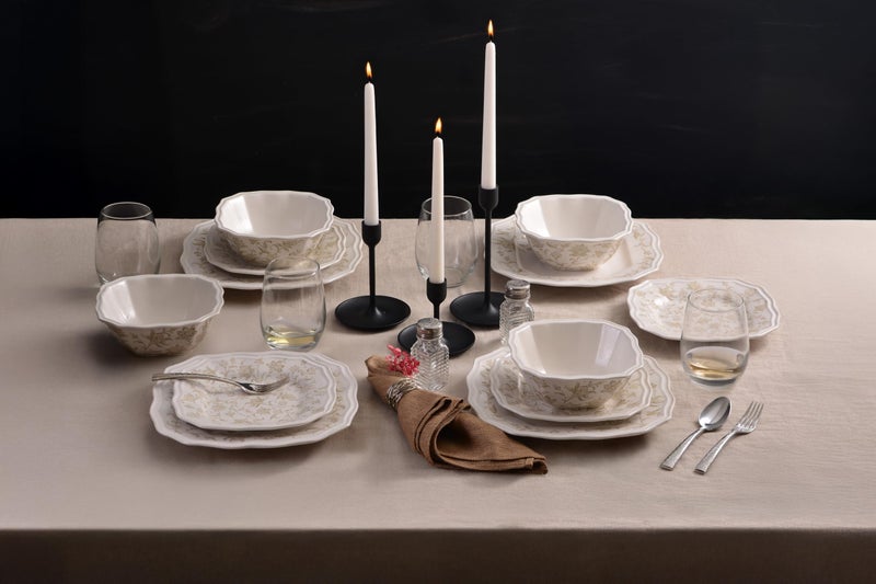 222 Fifth 12-Piece Porcelain Dinnerware Set for 4, Glossy Cream Plates and Bowls Set with Taupe Flowers, Elegant Square Ceramic Dish Set, Kitchen Tableware, Microwave & Dishwasher Safe, Batik Toile - Image 3