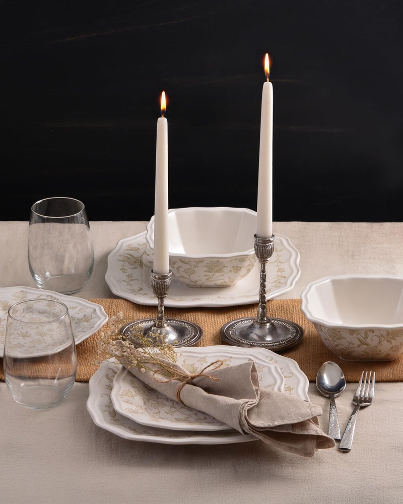 222 Fifth 12-Piece Porcelain Dinnerware Set for 4, Glossy Cream Plates and Bowls Set with Taupe Flowers, Elegant Square Ceramic Dish Set, Kitchen Tableware, Microwave & Dishwasher Safe, Batik Toile - Image 5