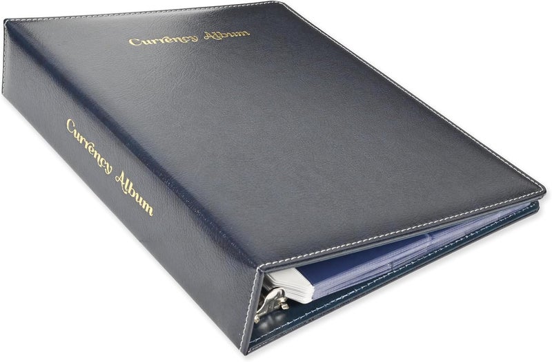 FIS® Currency Album, Bonded Leather Materials, Size 260x315mm, 3[D] Ring Type Binder with 6 Clear PVC Currency Pocket Per Page, Pack in Gift Box, Blue Color-FSHOCABLBL - Image 1