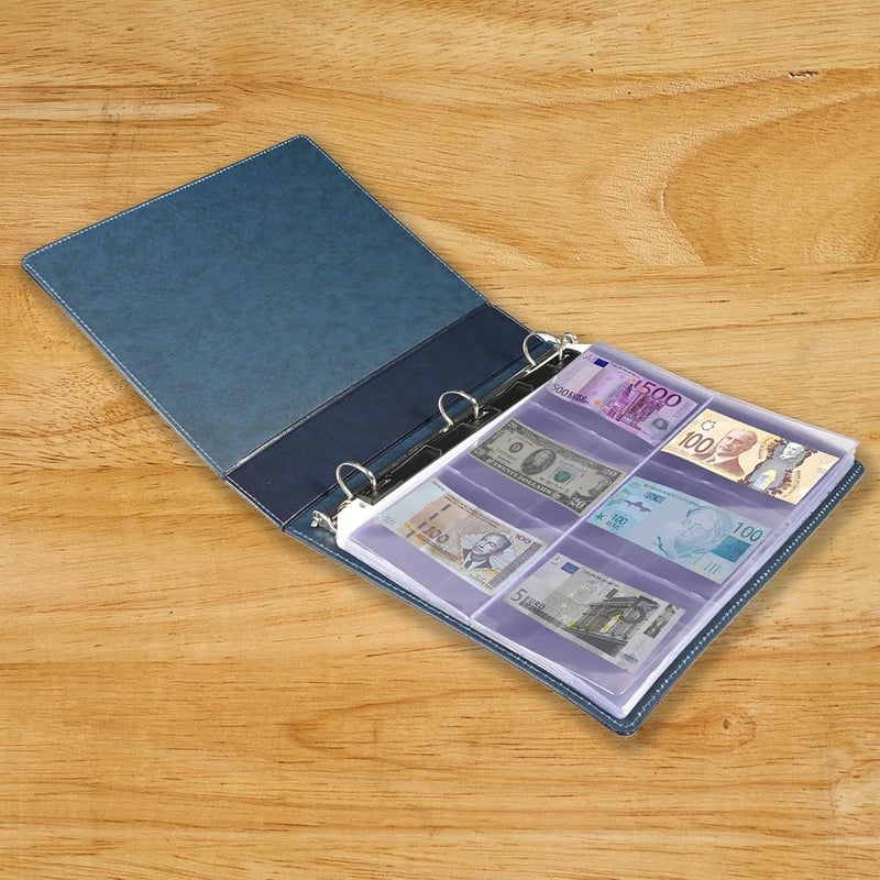 FIS® Currency Album, Bonded Leather Materials, Size 260x315mm, 3[D] Ring Type Binder with 6 Clear PVC Currency Pocket Per Page, Pack in Gift Box, Blue Color-FSHOCABLBL - Image 2