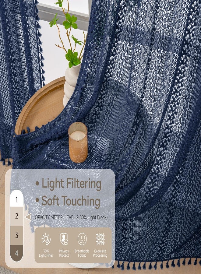 WAZZIO Navy Blue Sheer Curtains 84 Inches Long 2 Panel - Light Filtering Privacy Home Decor Window Curtains Panel,Rod Pocket Cotton Blend Tassel Trim Crochet Lace Drapes for Living Room,Bedroom - Image 3