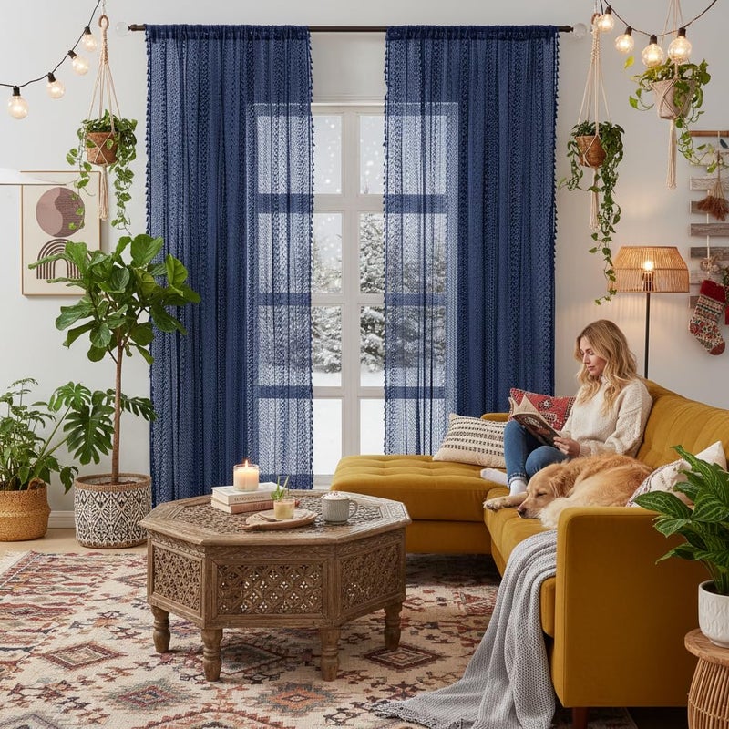 WAZZIO Navy Blue Sheer Curtains 84 Inches Long 2 Panel - Light Filtering Privacy Home Decor Window Curtains Panel,Rod Pocket Cotton Blend Tassel Trim Crochet Lace Drapes for Living Room,Bedroom - Image 1