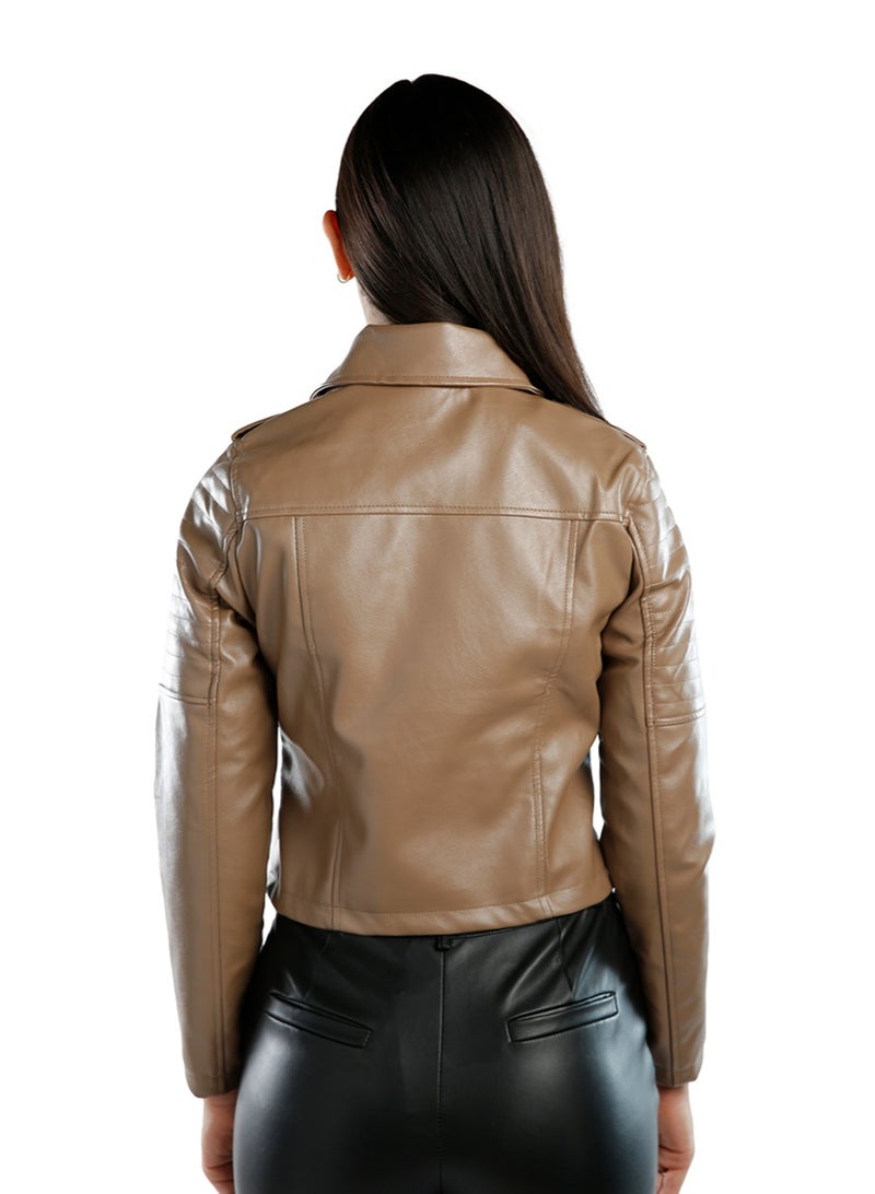 لندن راج سترة راكبي الدراجات النارية من الجلد الصناعي بلون القهوة - Image 4