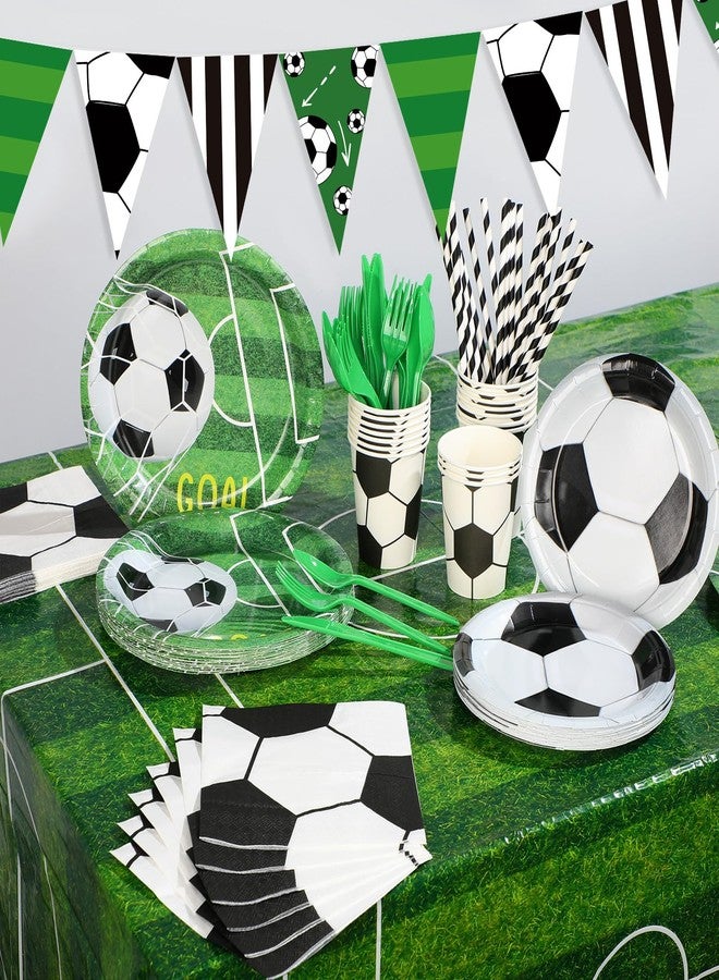 FillTouch مجموعة فيل تاتش المكونة من 195 قطعة من لوازم حفلات كرة القدم، تتضمن 24 طقم عشاء للاستخدام مرة واحدة، مزين برسومات كرة قدم، تشمل مفرش طاولة، أطباق ورقية، أكواب، مناديل، شوك بلاستيكية، سكاكين، ملاعق، ولافتة، مثالية لتزيين حفلات أعياد الميلاد الرياضية. - Image 4