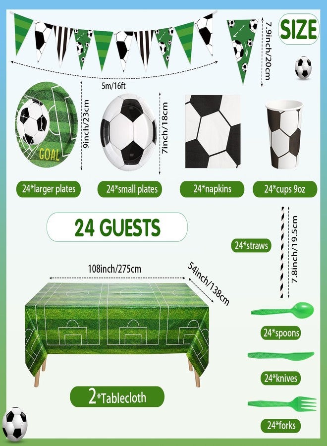 FillTouch مجموعة فيل تاتش المكونة من 195 قطعة من لوازم حفلات كرة القدم، تتضمن 24 طقم عشاء للاستخدام مرة واحدة، مزين برسومات كرة قدم، تشمل مفرش طاولة، أطباق ورقية، أكواب، مناديل، شوك بلاستيكية، سكاكين، ملاعق، ولافتة، مثالية لتزيين حفلات أعياد الميلاد الرياضية. - Image 2