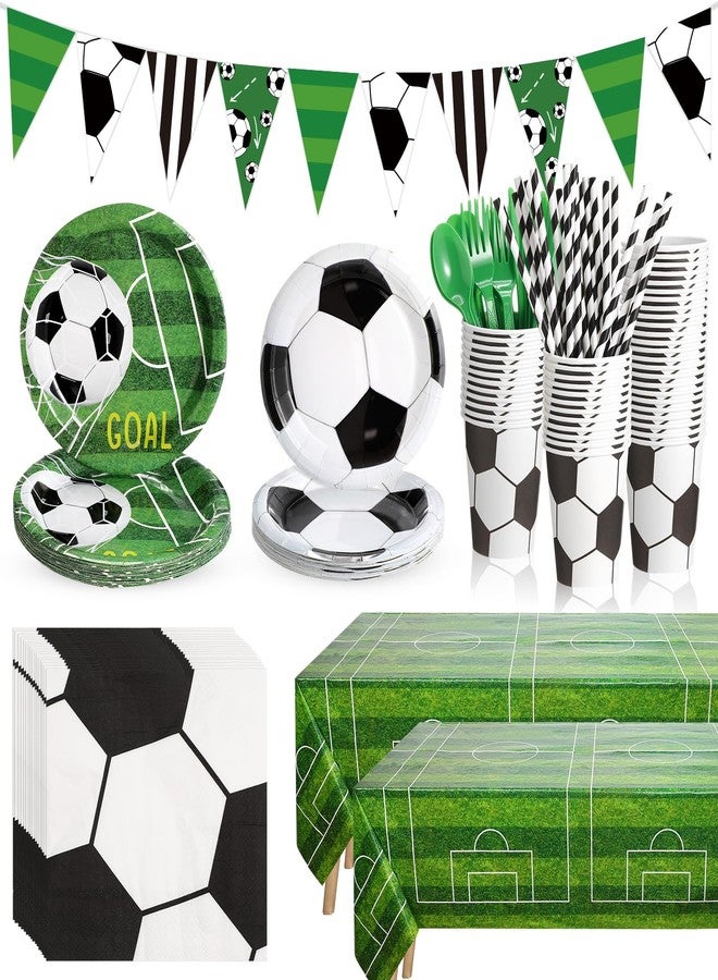 FillTouch مجموعة فيل تاتش المكونة من 195 قطعة من لوازم حفلات كرة القدم، تتضمن 24 طقم عشاء للاستخدام مرة واحدة، مزين برسومات كرة قدم، تشمل مفرش طاولة، أطباق ورقية، أكواب، مناديل، شوك بلاستيكية، سكاكين، ملاعق، ولافتة، مثالية لتزيين حفلات أعياد الميلاد الرياضية. - Image 1