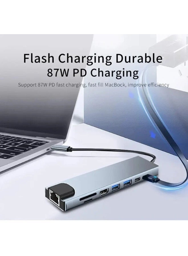 شابية محول USB C HUB 4K HDMI PD للشحن السريع 8 في 1 مع حافظة من الألومنيوم وقارئ بطاقات SD/TF ومحطة إرساء للكمبيوتر المحمول RJ45 100 ميجابت في الثانية - Image 4