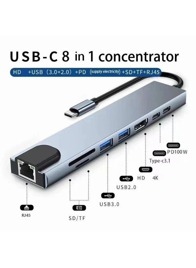 شابية محول USB C HUB 4K HDMI PD للشحن السريع 8 في 1 مع حافظة من الألومنيوم وقارئ بطاقات SD/TF ومحطة إرساء للكمبيوتر المحمول RJ45 100 ميجابت في الثانية - Image 1