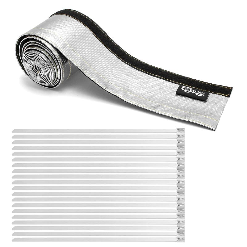 Heat Shroud Aluminized Sleeving Heat Shield Fuel line Wire Heat Sleeve 1 ID x 10FT with 20 Pcs 78Inch Stainless Steel Cable Metal Zip Ties