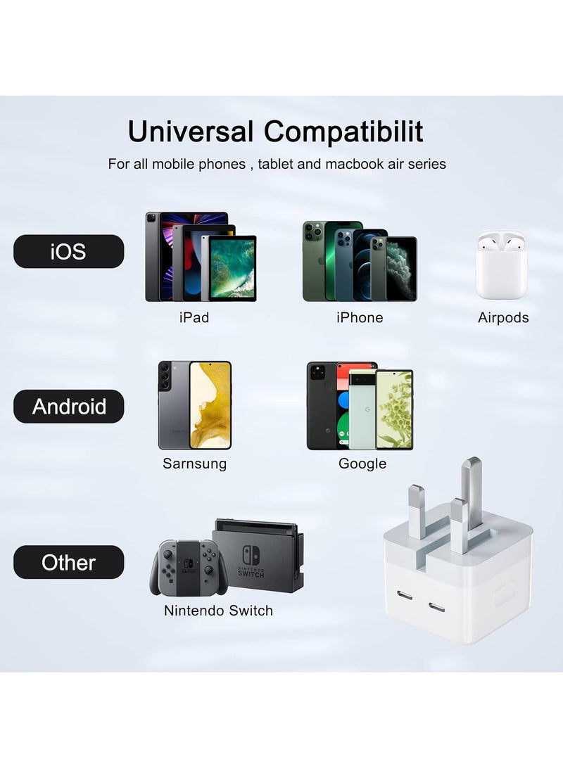 "35W Dual USB-C Fast Charger Plug: Includes USB-C to Lightning and USB-C to USB-C Cables – Compatible with iPhone 14/13/12/11, Samsung, iPad, AirPods, and More"