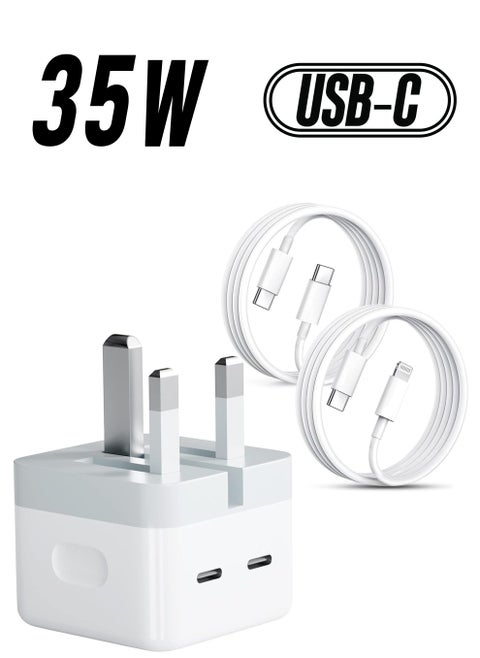 "35W Dual USB-C Fast Charger Plug: Includes USB-C to Lightning and USB-C to USB-C Cables – Compatible with iPhone 14/13/12/11, Samsung, iPad, AirPods, and More"