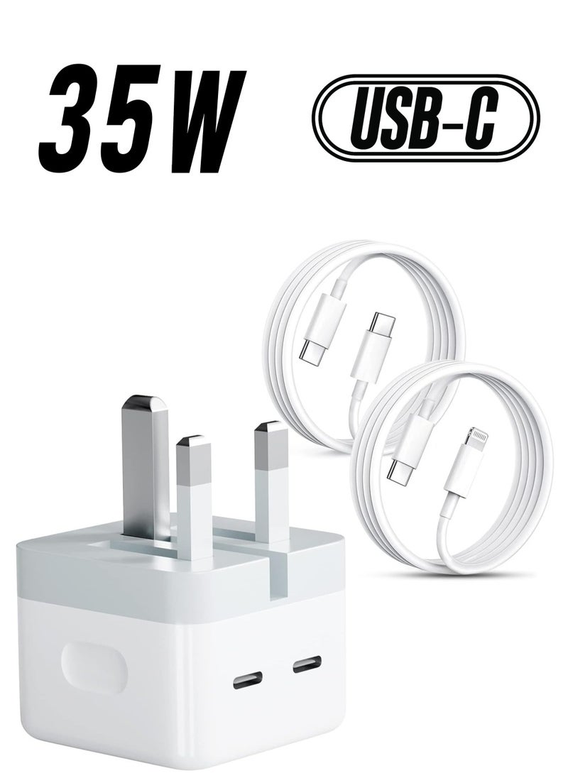 "35W Dual USB-C Fast Charger Plug: Includes USB-C to Lightning and USB-C to USB-C Cables – Compatible with iPhone 14/13/12/11, Samsung, iPad, AirPods, and More"