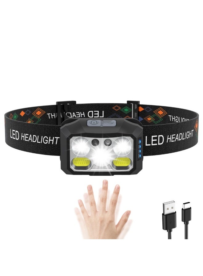 نيبمينينت مصباح رأس قوي بخمس لمبات LED مع حساس عالى - مصباح يدوي قابل للشحن عبر USB Type-C للاستخدام الخارجي