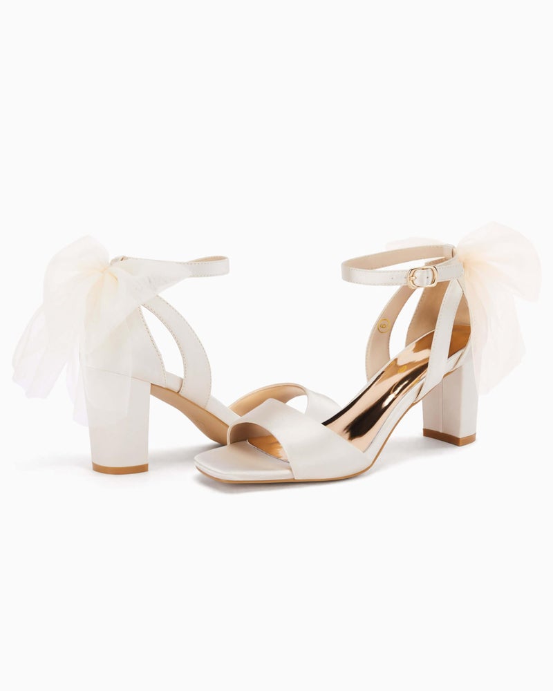 Coutgo Women's Bow Tie Heeled Sandals Chunky Heels One Strap Satin Ankle Buckle Dress Wedding Shoes, Beige, Size 9 - Image 4
