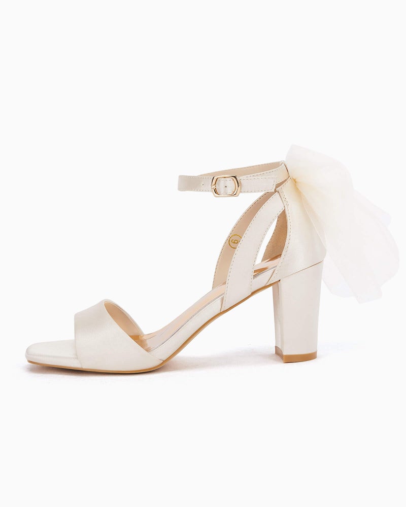 Coutgo Women's Bow Tie Heeled Sandals Chunky Heels One Strap Satin Ankle Buckle Dress Wedding Shoes, Beige, Size 9 - Image 5