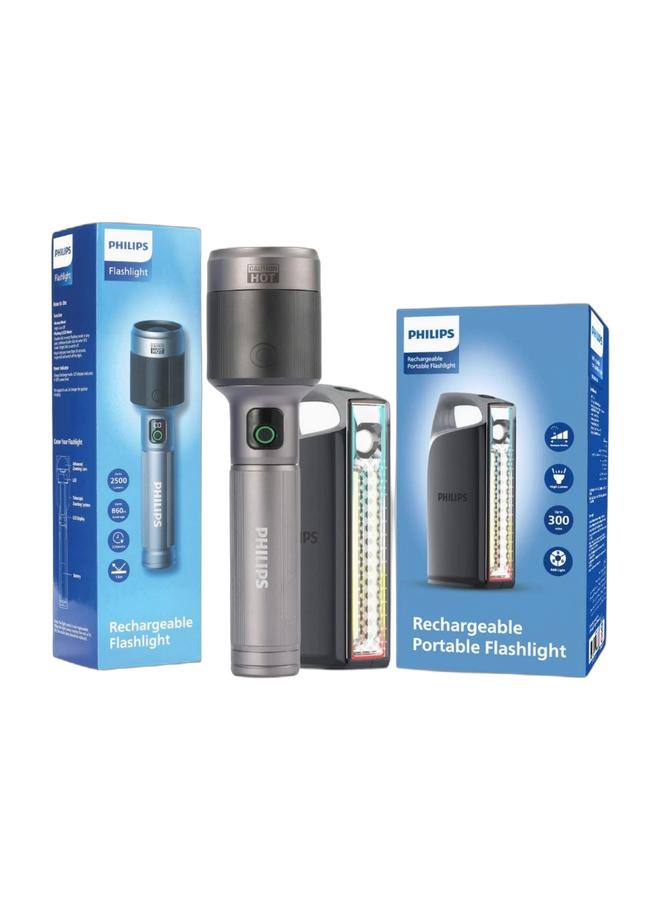 Philips فلاش لايت LED قابلة للشحن من فيليبس | 2500 لومن سطوع فائق | هيكل من سبائك الألمنيوم للطائرات | شعاع قابل للتكبير بمدى 860م | بطارية 9000 مللي أمبير | نموذج SFL5102/56 | ضمان لمدة سنتين رمادي & فانوس طوارئ LED قابل للشحن مع ضوء محيطي RGB | 1000 لومن ضوء محمول | بطارية 4000 مللي أمبير | شحن USB-C | ضوء متعدد الوظائف للتخييم وانقطاع الكهرباء SFL3402/56 رمادي حزمة - Image 1