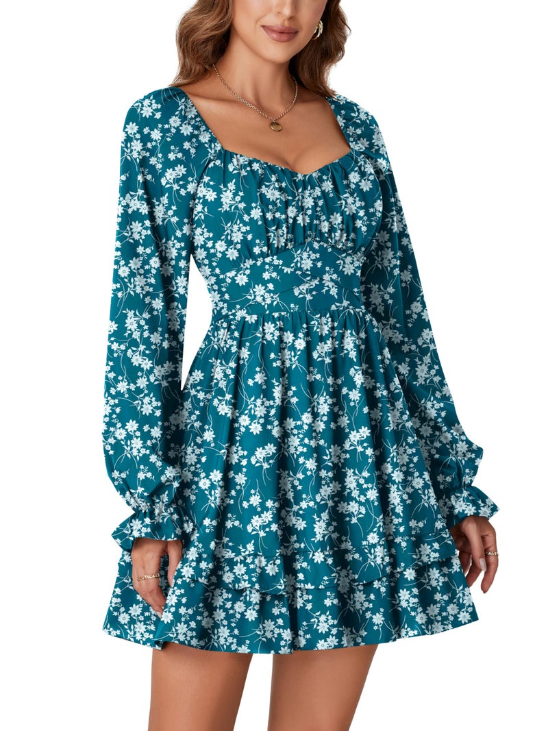 KIFOVEN Women's Print Lantern Long Sleeve Smocked Wrap Tiered Ruffle Flowy A Line Short Mini Dress Dark Blue Flower X-Small - Image 4