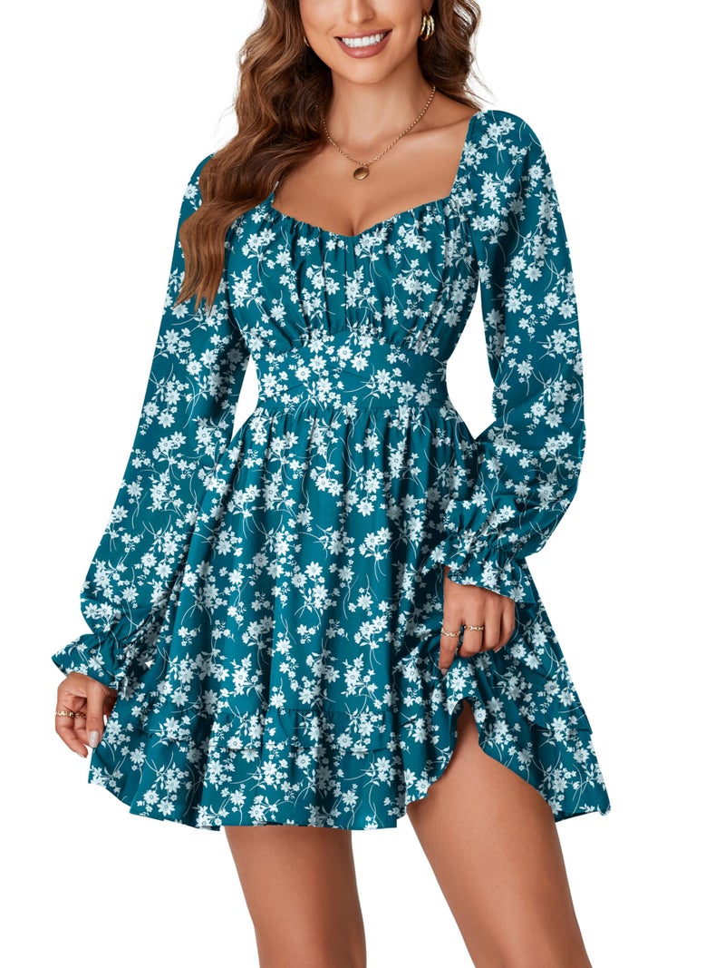 KIFOVEN Women's Print Lantern Long Sleeve Smocked Wrap Tiered Ruffle Flowy A Line Short Mini Dress Dark Blue Flower X-Small - Image 1