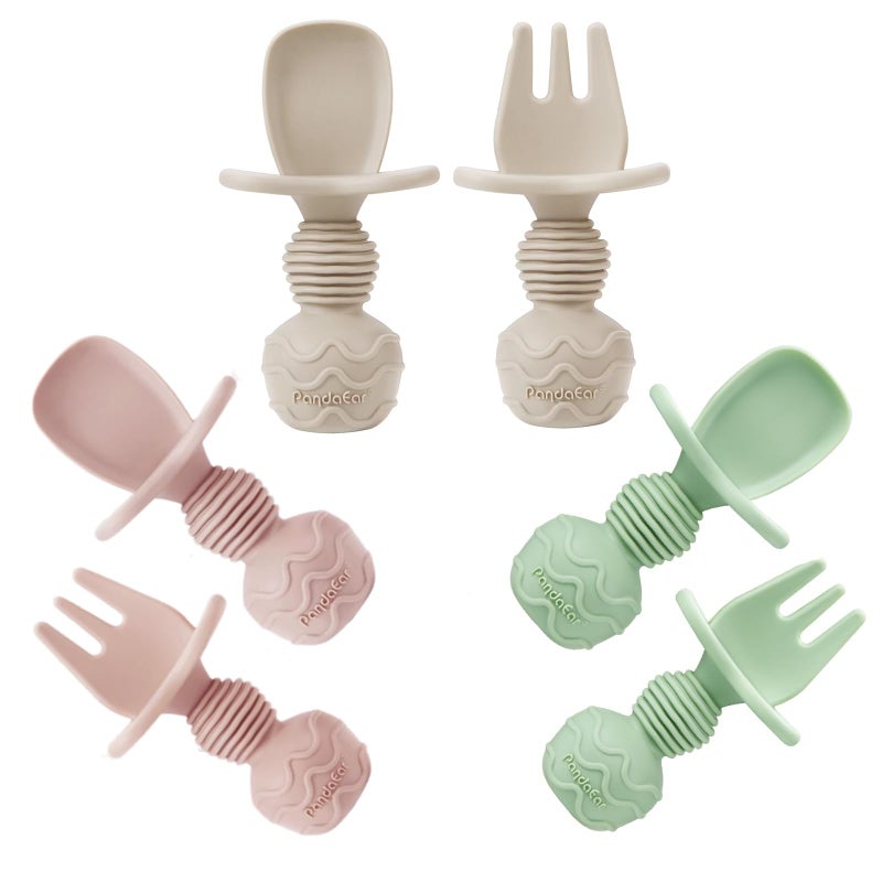PandaEar 6 Pack Silicone Baby Spoons and Fork Feeding Set- Anti-Choke First Self Feeding Utensils for Baby Led Weaning Ages 3 Months (Pink, Green&Linen) - Image 1