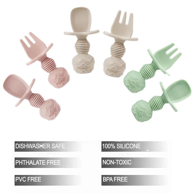 PandaEar 6 Pack Silicone Baby Spoons and Fork Feeding Set- Anti-Choke First Self Feeding Utensils for Baby Led Weaning Ages 3 Months (Pink, Green&Linen) - Image 3