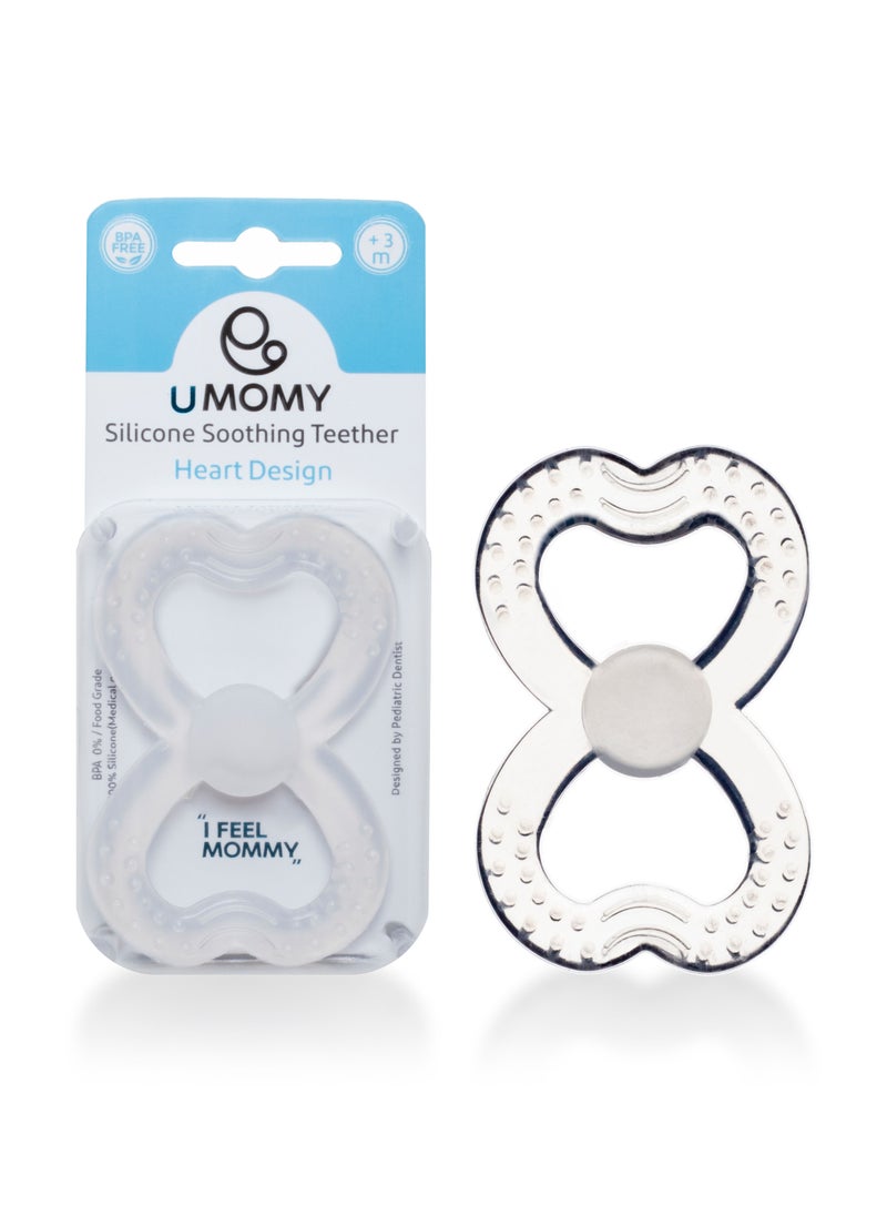 Umomy Silicone Baby Teether Toy for Infants 3+ Months, Anti-Drop Silicone Baby Mitten Teether for Soothing Teething Pain Relief, Baby Chew Toys for Sucking Needs, BPA Free, Heart Design, Clear White 