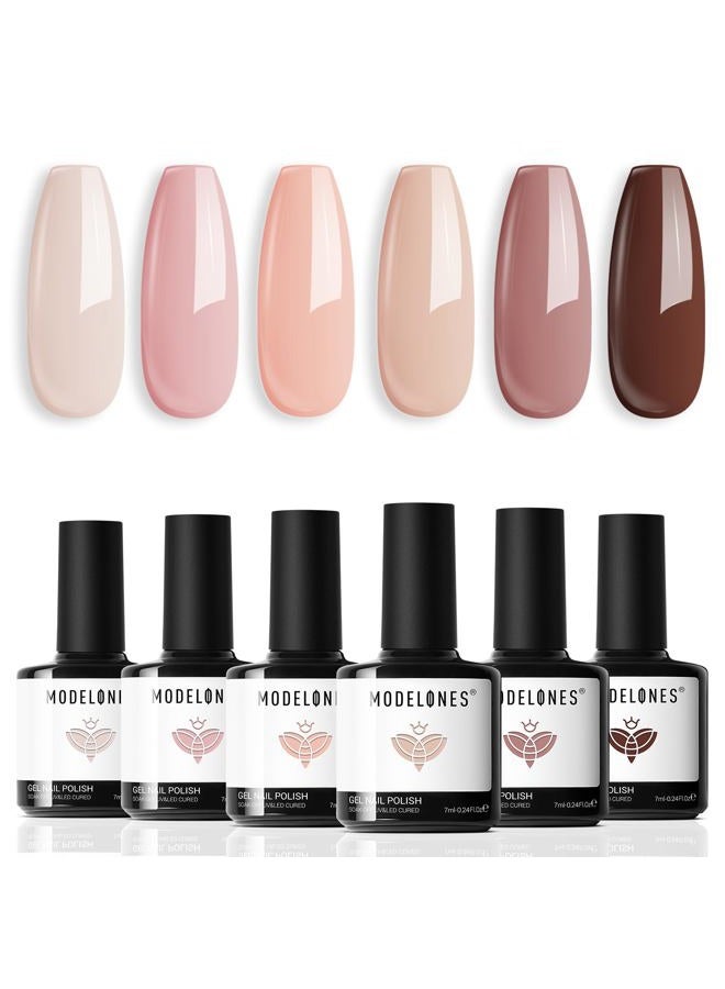 modelones Gel Nail Polish Kit -6 Colors Spring Nude Pink Gel Polish Set Skin Tones Neutral Brown Soak Off Gel Nail Kit Manicure DIY Nail Art Salon Home Gift - Image 1