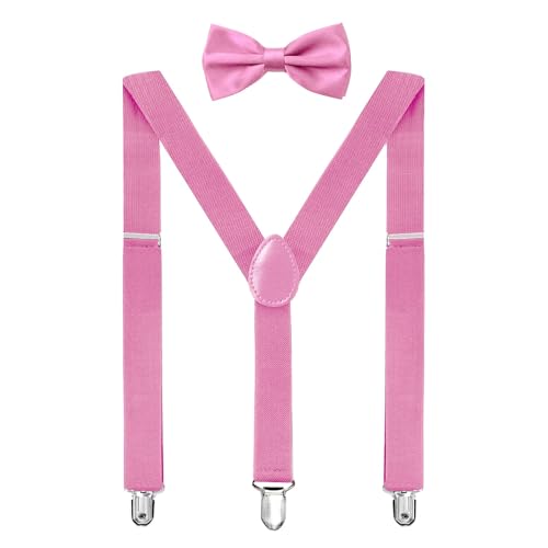 habibee Suspender and Bow Tie Set for Men Adjustable Braces with Y Back, Diverse Colors, Strong Clips (1, Pink) - Image 1