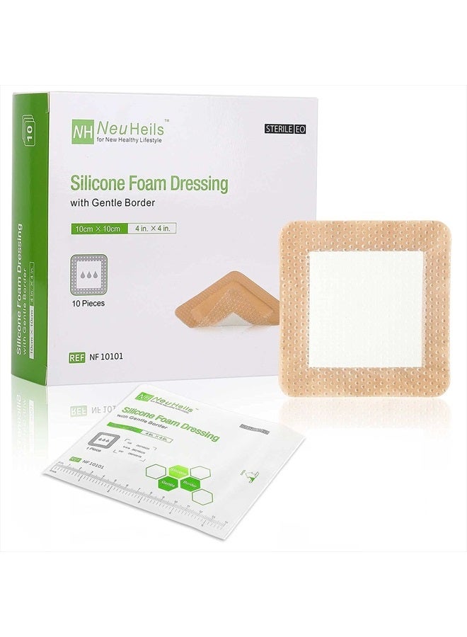 NeuHeils Silicone Adhesive Foam Dressing with Gentle Border 4''x4'' for Bed Sore Leg Ulcer 10 Pack, High Absorbency Waterproof Silicone Wound Bandage - Image 1
