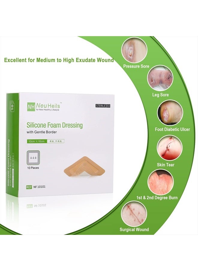 NeuHeils Silicone Adhesive Foam Dressing with Gentle Border 4''x4'' for Bed Sore Leg Ulcer 10 Pack, High Absorbency Waterproof Silicone Wound Bandage - Image 2